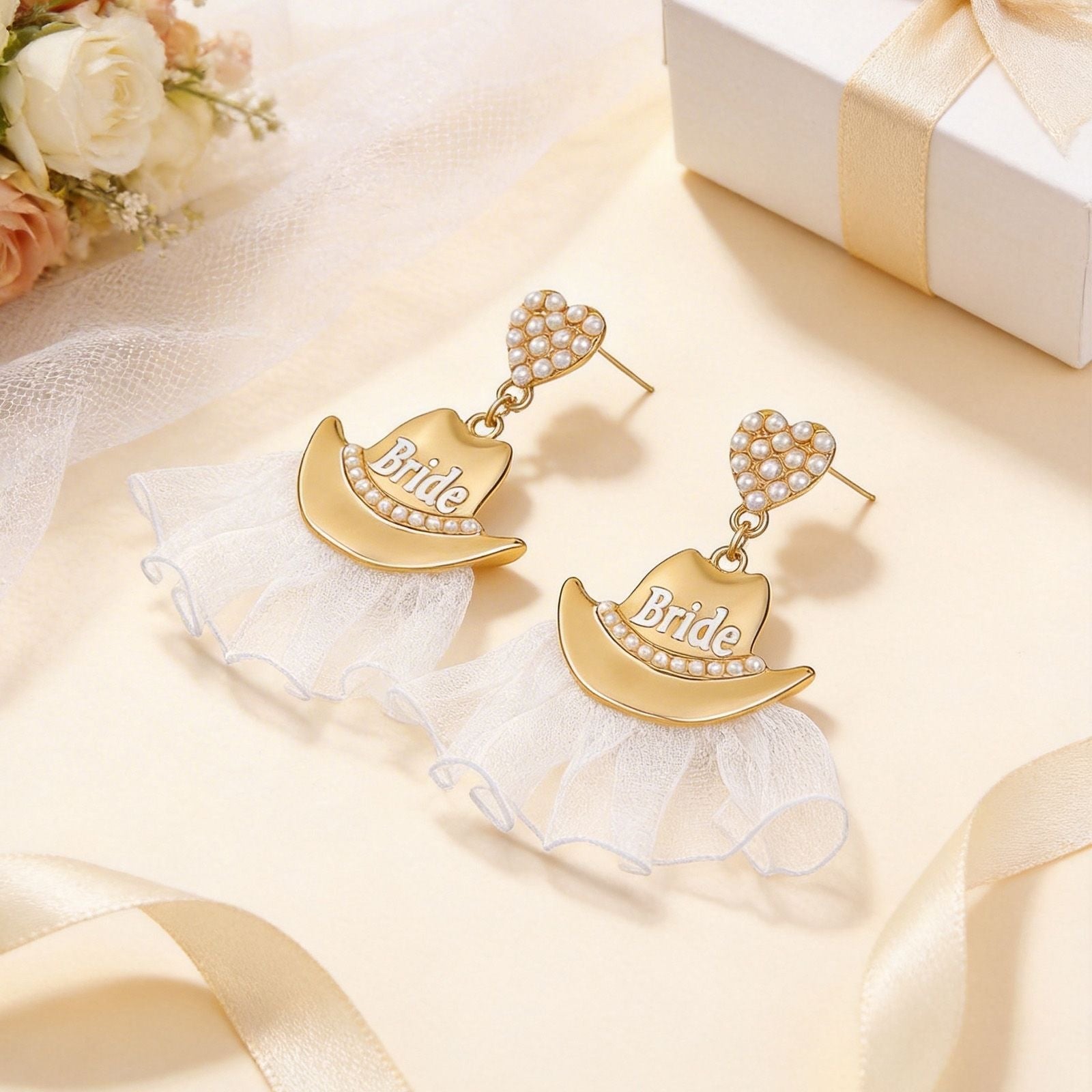 Wholesale Western Style Pearl Heart hinestone Bridal Cowboy Hat Earrings