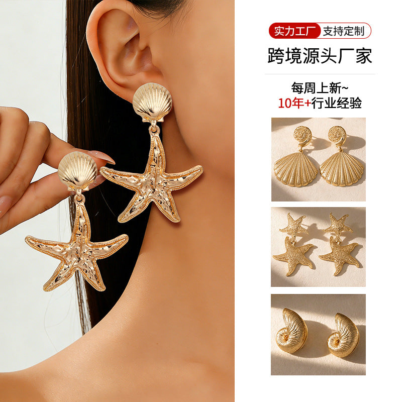 Wholesale Ocean-Inspired Textured Gold Conch and Starfish Stud Earrings