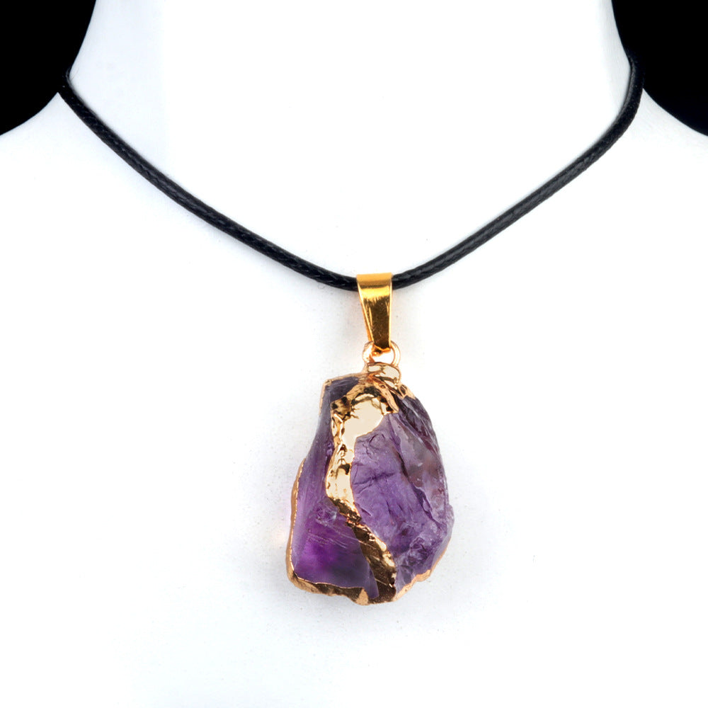 Wholesale 25~35mm Amethyst Original Stone Gold Pendant Yellow Powder White Crystal Irregular Necklace