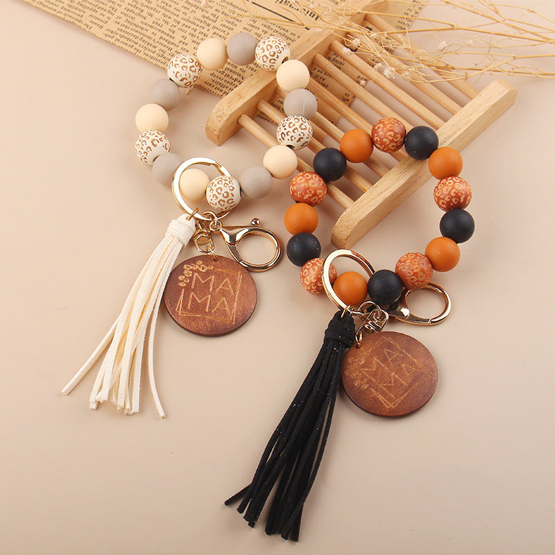 Wholesale Mother's Day MAMA wrist keychain pendant leather PU tassel DIY beaded bracelet