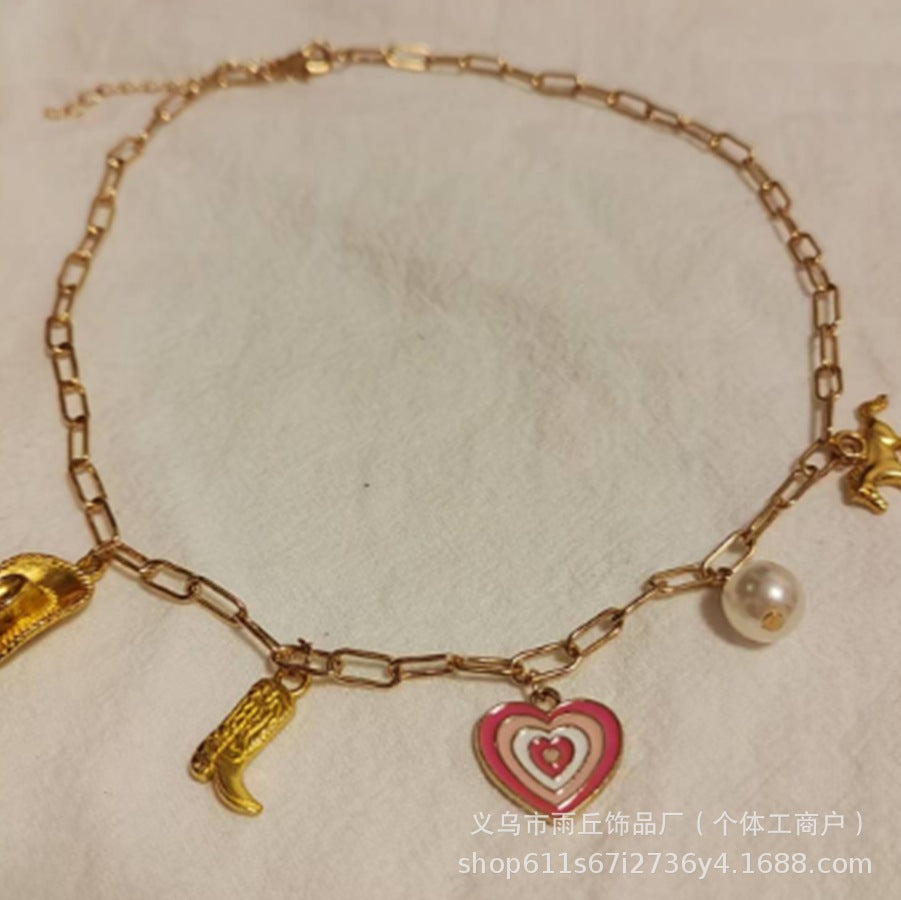 Wholesale Western Cowboy Boots Hat Layered Oil Drop Love Heart Paper Clip Necklace