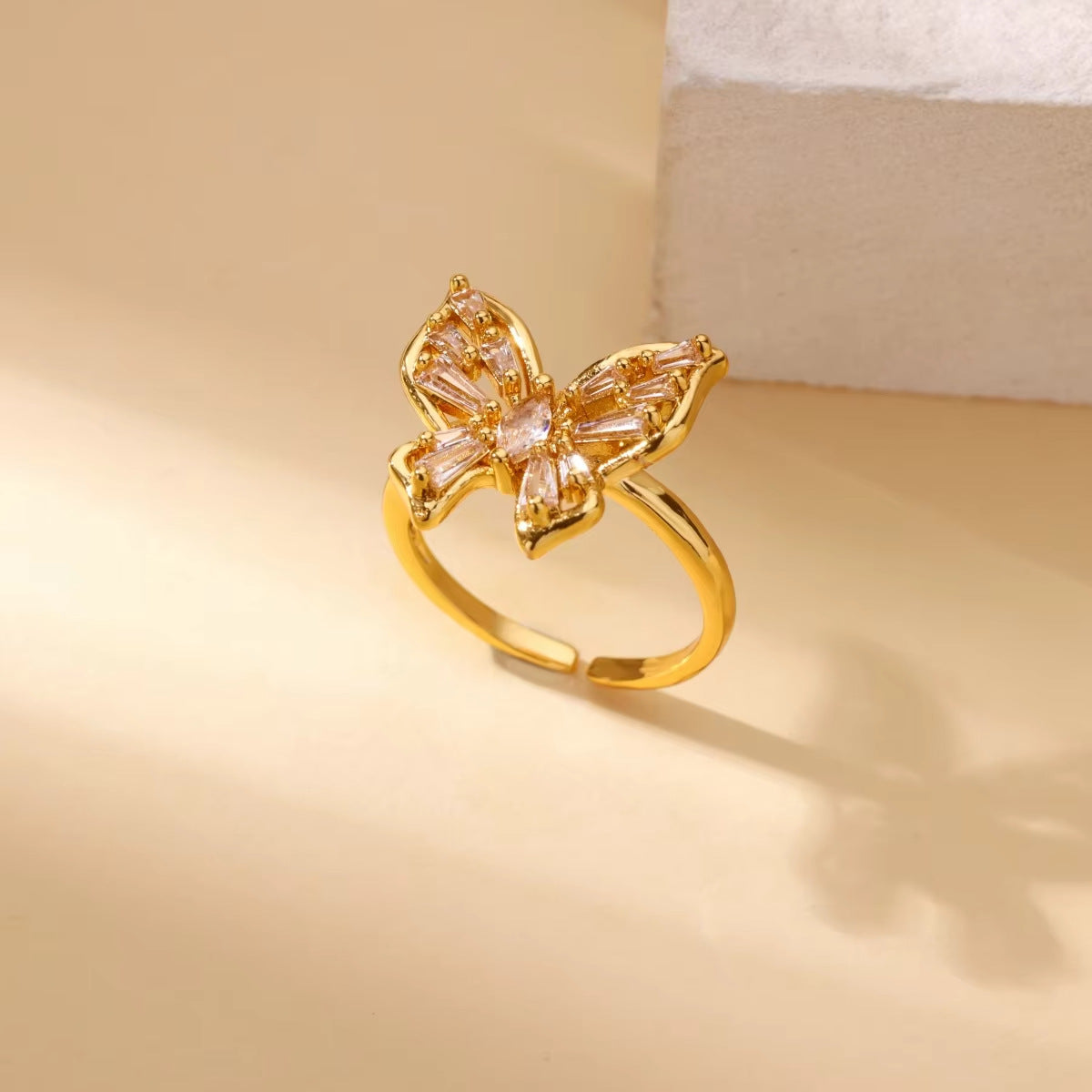 Wholesale Stainless steel zircon adjustable heart flower and butterfly ring