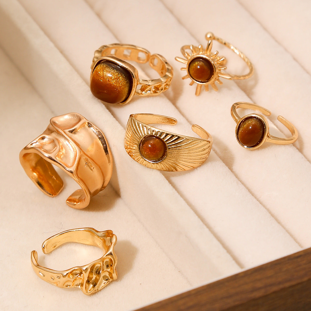 Wholesale Vintage Bohemian Geometric Open Rings 6 Piece Stacking Ring Set Gold Alloy Fashion Jewelry For Women