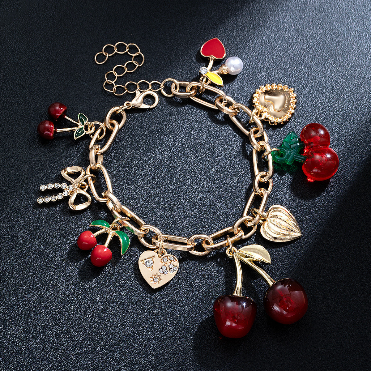 Wholesale Cherry Alloy Heart Bow Pendant Adjustable Bracelet