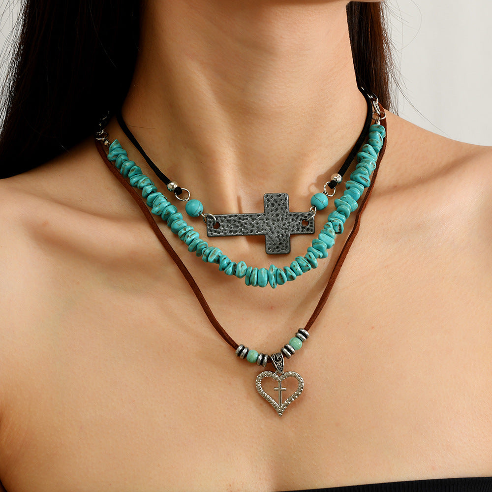 Wholesale Retro Ethnic Turquoise Beaded Layered Leather Choker Necklace Set With Cross Heart Pendant For Women