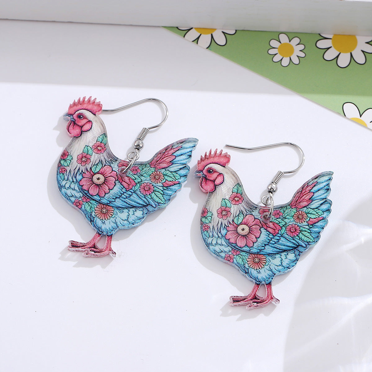 Wholesale Western Farm Flower Hen Pendant Earrings