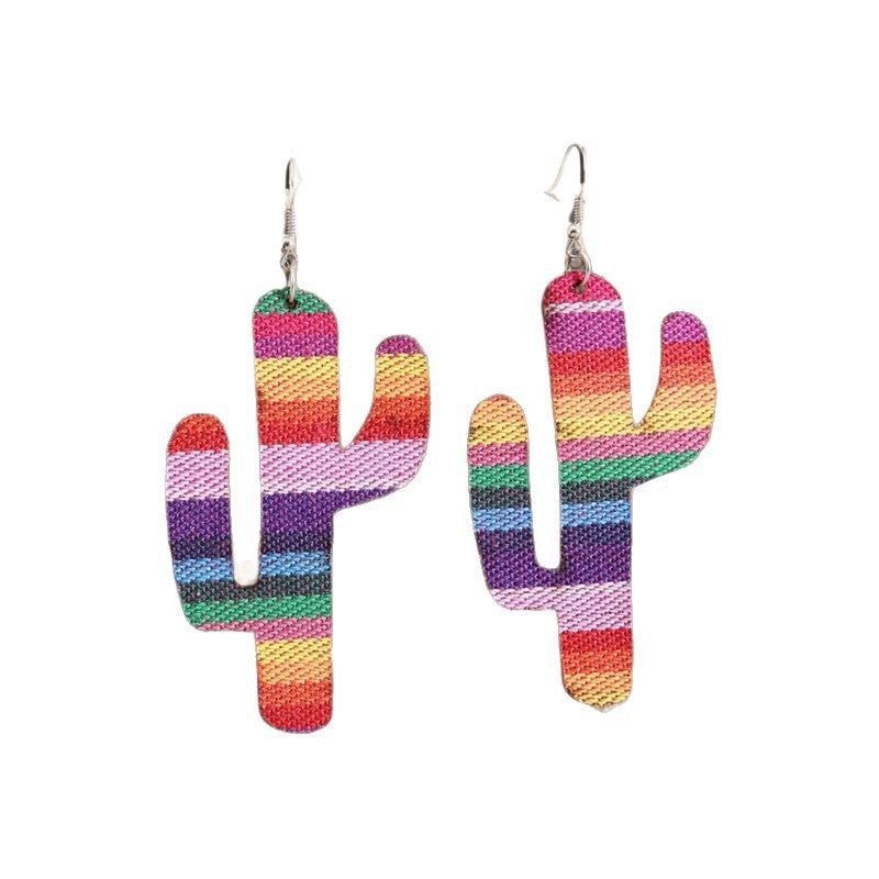 Wholesale Colorful Striped Cactus Mexican Wood Double Sided Earrings