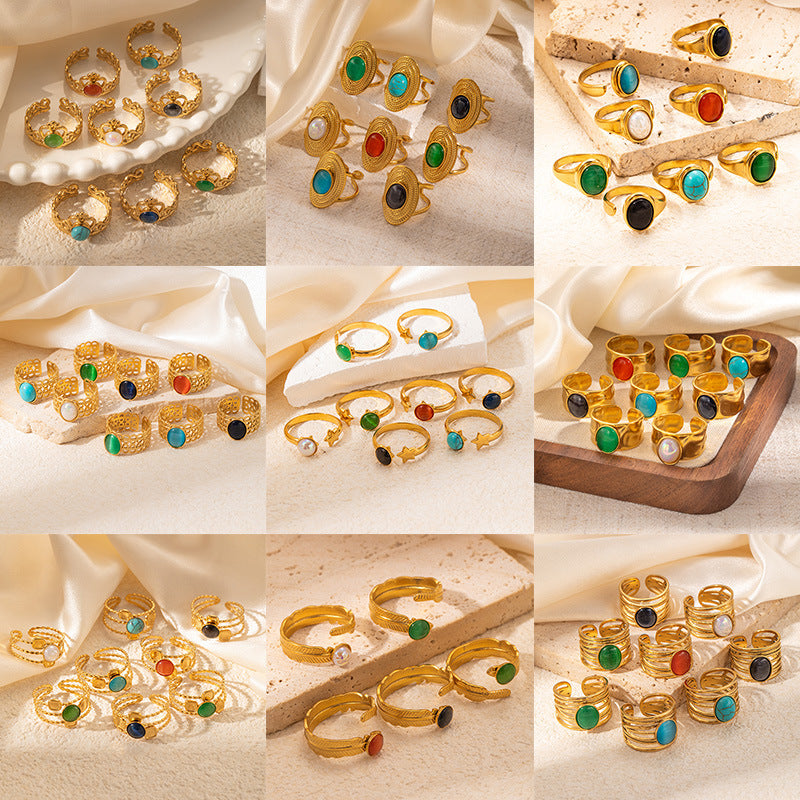 Wholesale Retro Adjustable Titanium Steel Ring with Multi-Color Natural Stone Jewelry Accessory