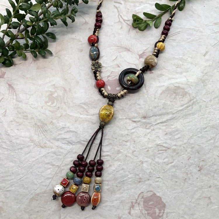 Wholesale Forest Style Handmade Ceramic Necklace Retro All-match Sweater Chain Long Necklace ACC-NE-Luox001