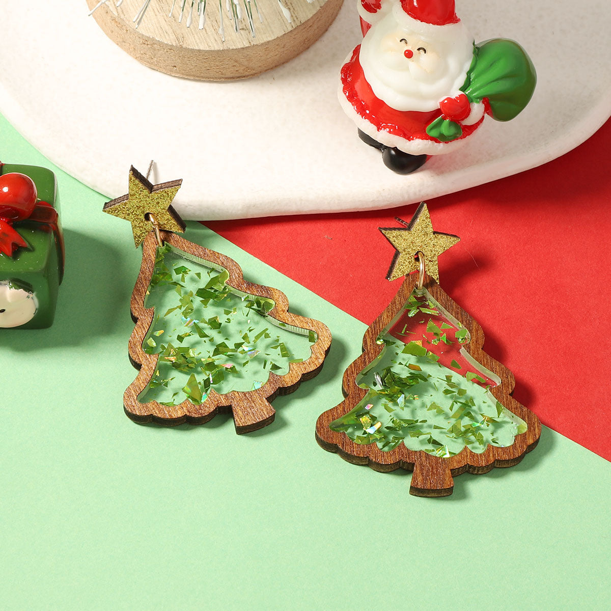 Wholesale Christmas wooden acrylic splicing transparent Earrings