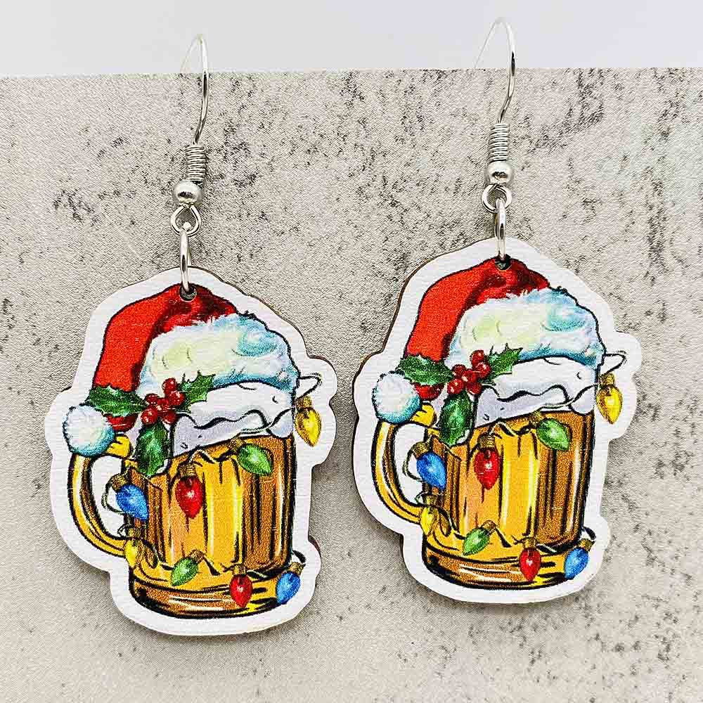 Wholesale Christmas Wood Earrings Lanterns Santa Hat Bull Head Beer Mug Earrings ACC-ES-ChenY030