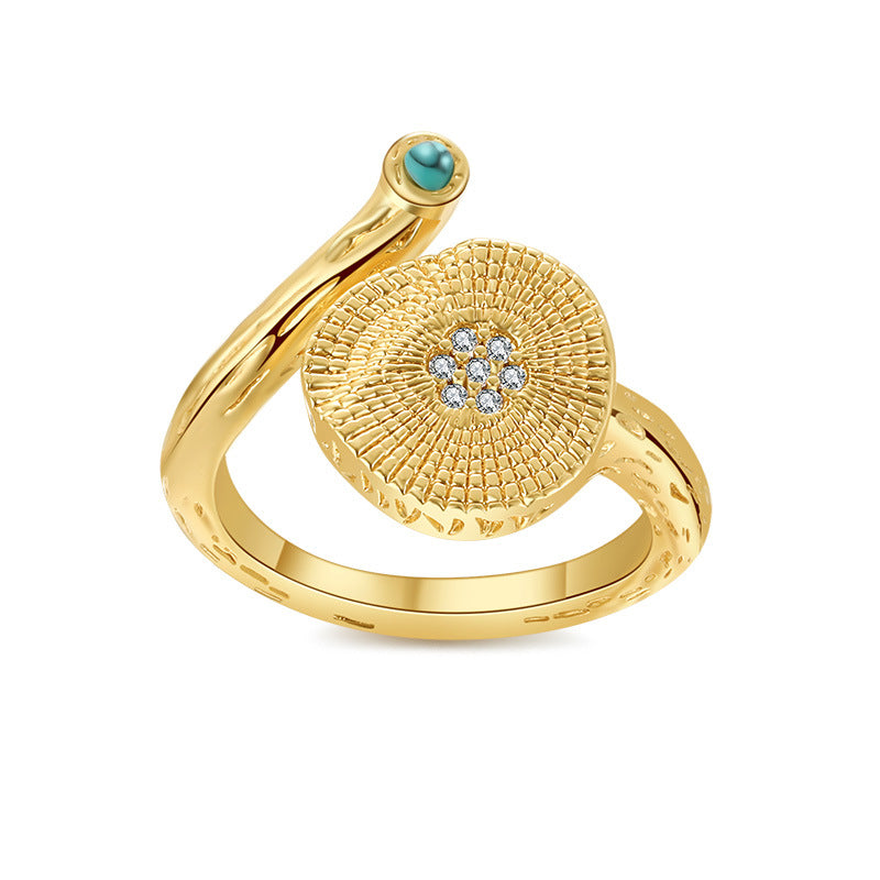 Wholesale Copper plated 18K real gold turquoise ring opening design niche geometric  ring