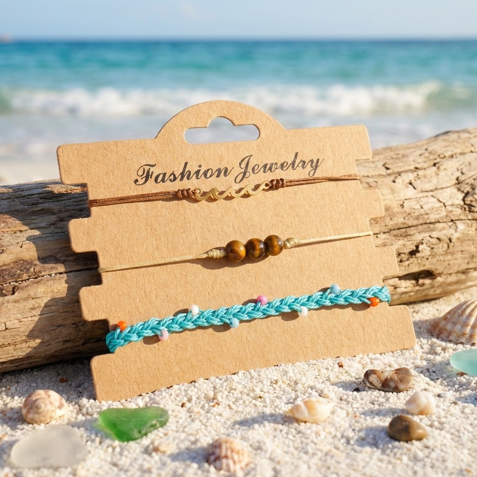 Wholesale Chic Handmade Woven Tiger Eye Stone Layered Bracelet Stainless Steel Wave Charm Blue Summer Beach Jewelry Accessory