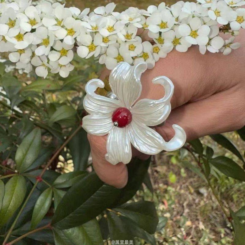 Wholesale Flower Double Silver Pearl  Elastic Ring