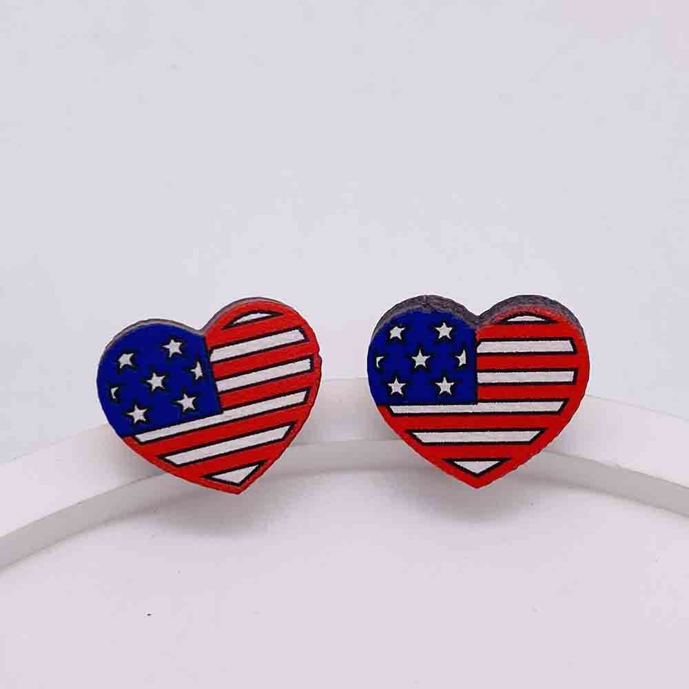Wholesale American Flag Independence Day Wooden Stud Earrings Heart Shape Pentagram Sunflower Earrings ACC-ES-Cheny007