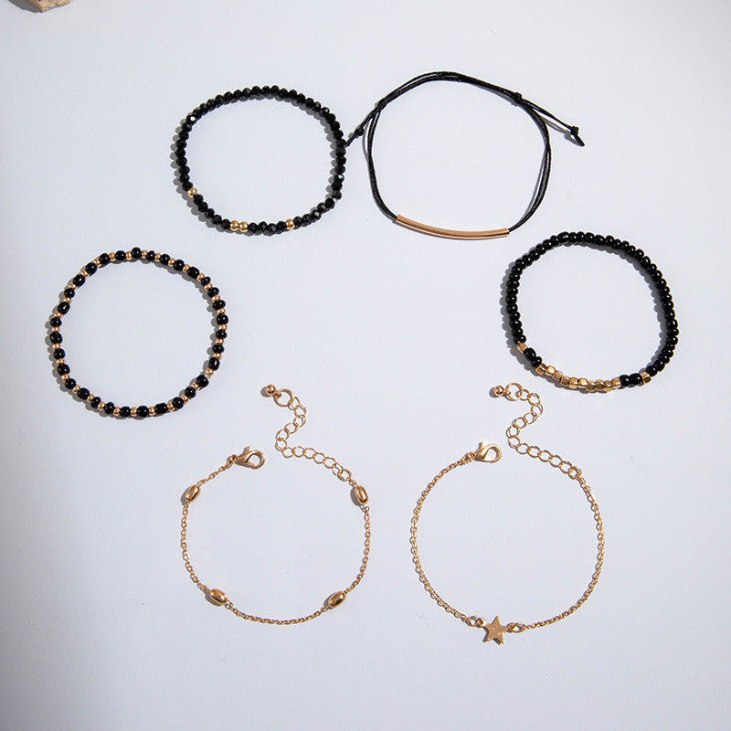 Wholesale 6pcs/set Vintage Black Bead Beaded Bracelet Bohemian Five-pointed Star Bracelet Set