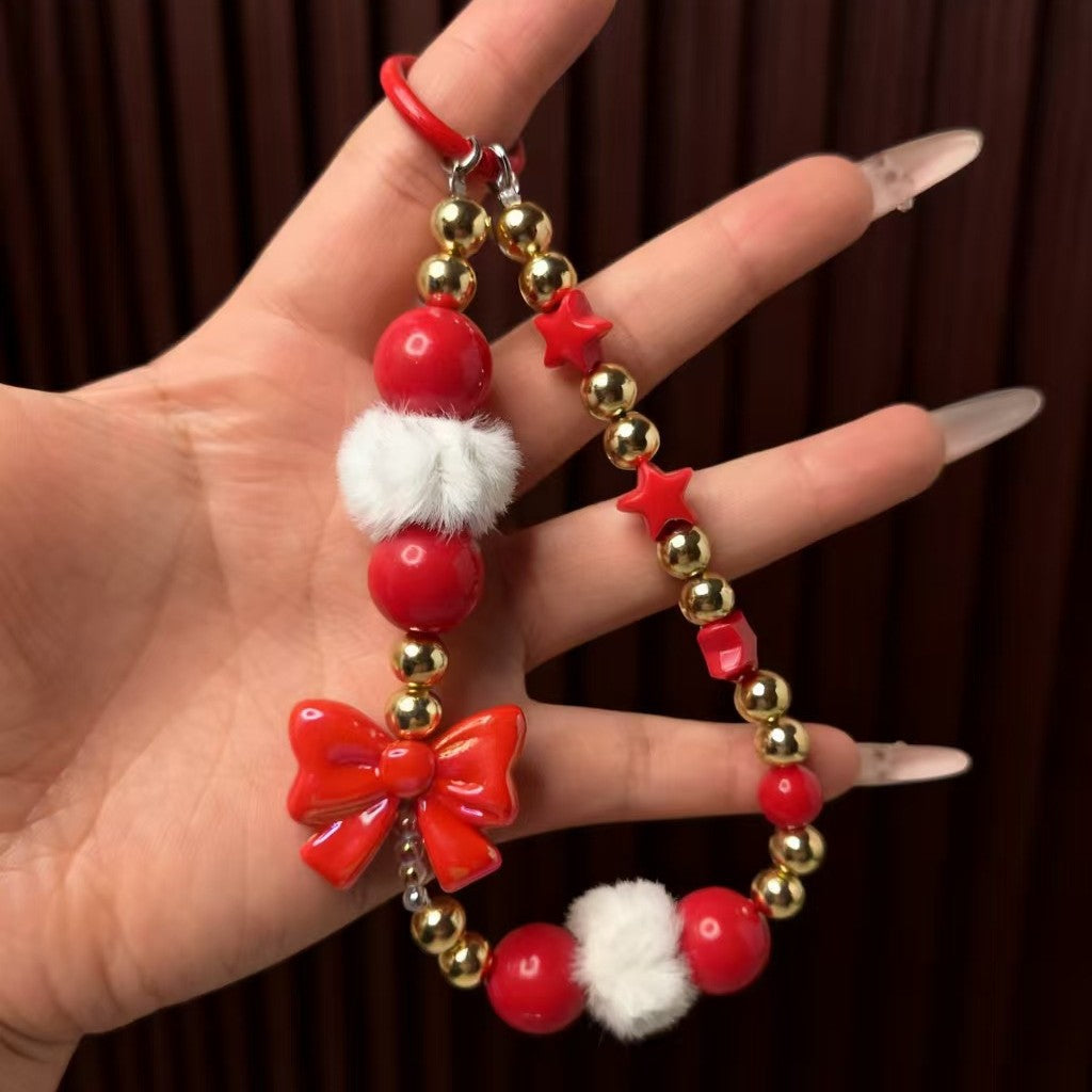 Wholesale Acrylic Christmas Red Bow Beaded Keychain,  Cute Bag Charm with Tassel,  Trendy Phone Accessory for Everyday Use