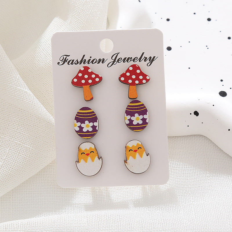 Wholesale Easter Egg Cartoon Egg Mushroom Love Wooden Earrings Set ACC-ES-XA001