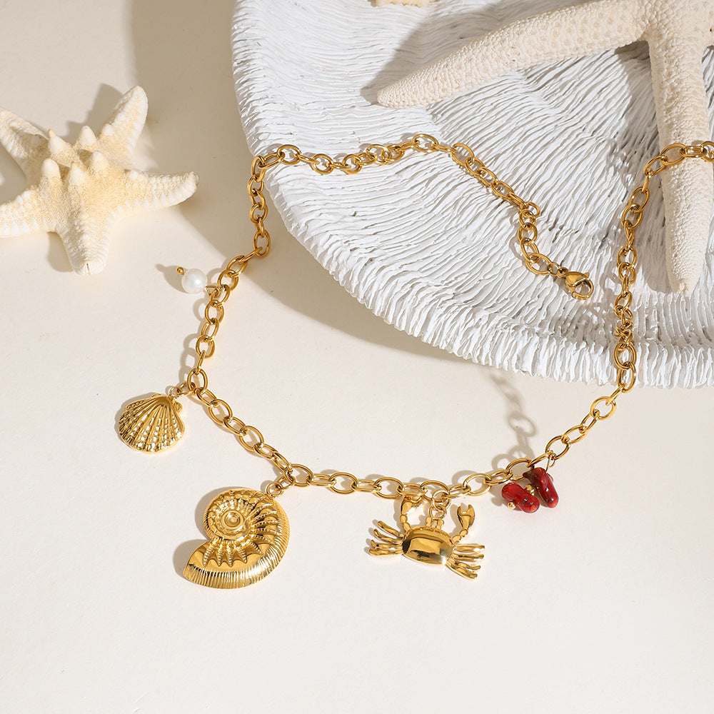 Wholesale  18K gold stainless steel conch crab ribbed shell pendant necklace