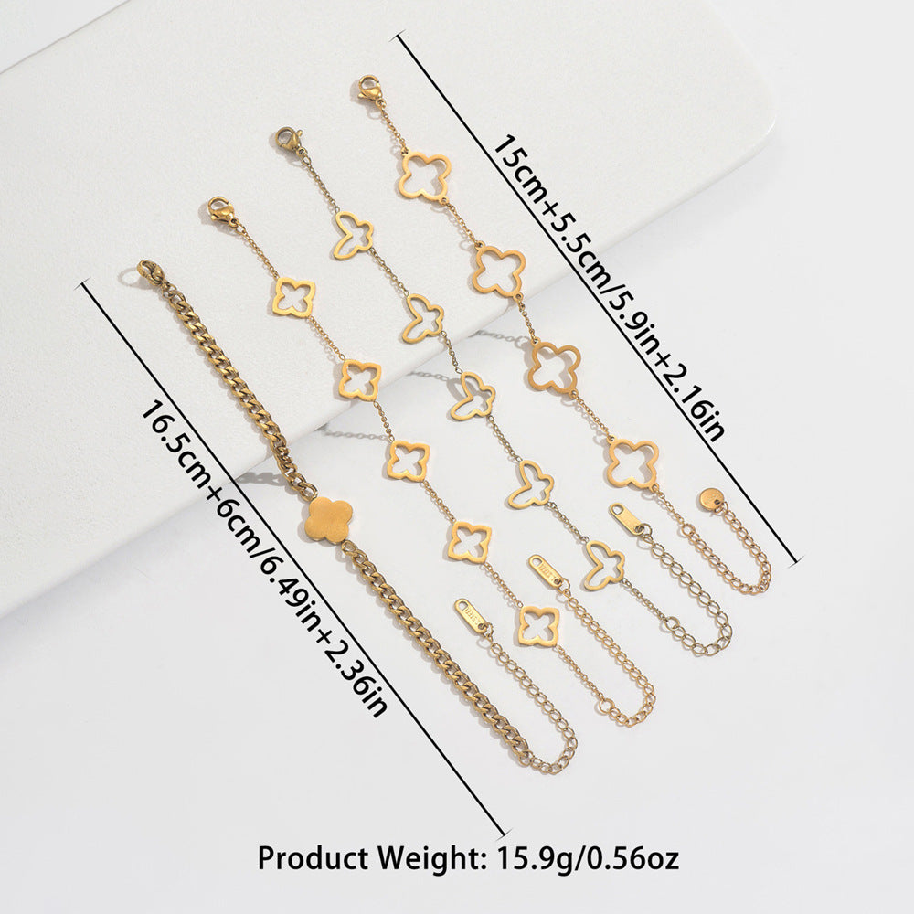 Wholesale Cross-Border Titanium Steel Four-Leaf Clover Lucky Hollow Flower Design Fashionable and Simple Factory Wholesale Direct Sales Bracelet for Women Hot Style