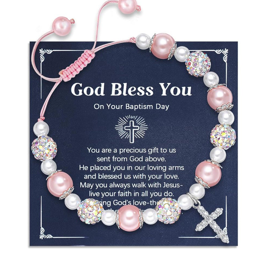 Wholesale White Pearl  Love Diamond Ring Pink  Beads Woven Bracelet