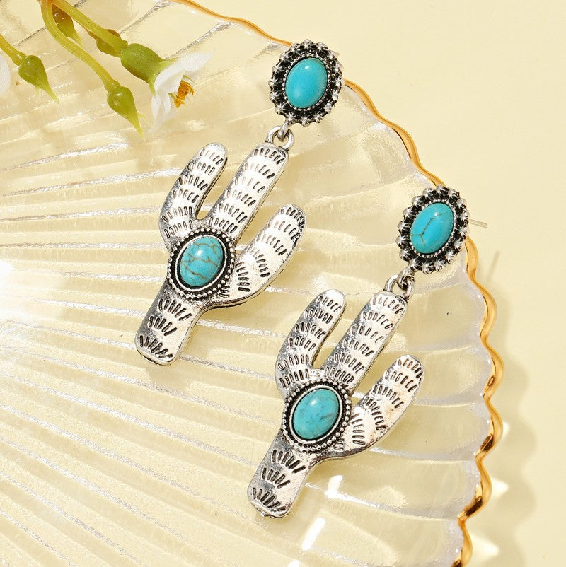 Wholesale Alloy Electroplated Retro Cactus Turquoise Earrings Ladies Jewelry Accessory