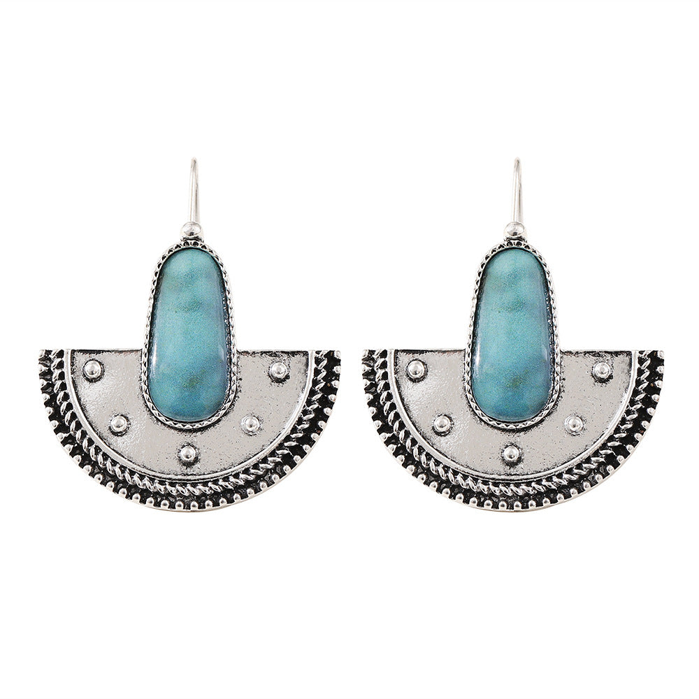 Wholesale Electroplated Zinc Alloy Semi-Circular Turquoise Earrings Ethnic Retro Fashion Accessory