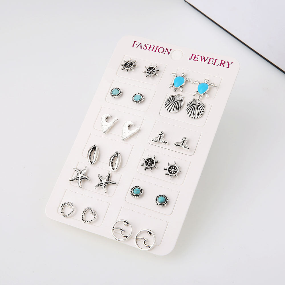 Wholesale  oil-dripping turtle stars wave shell turquoise earrings  set