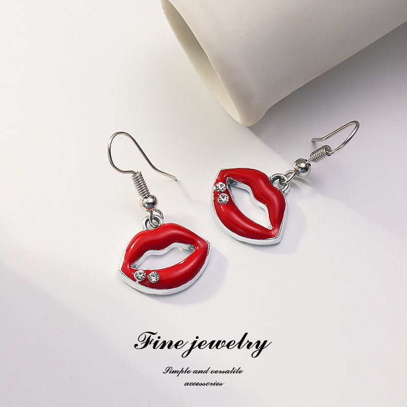 Wholesale Valentine's Day Diamond Red Oil Drop Lip Ear Hook Earrings