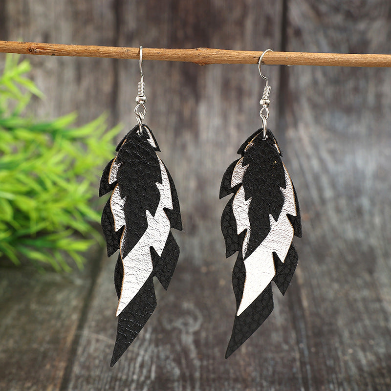 Wholesale Bohemian Black and White Feather Leather Earrings Fashion Jewelry Accessory Gift for Women