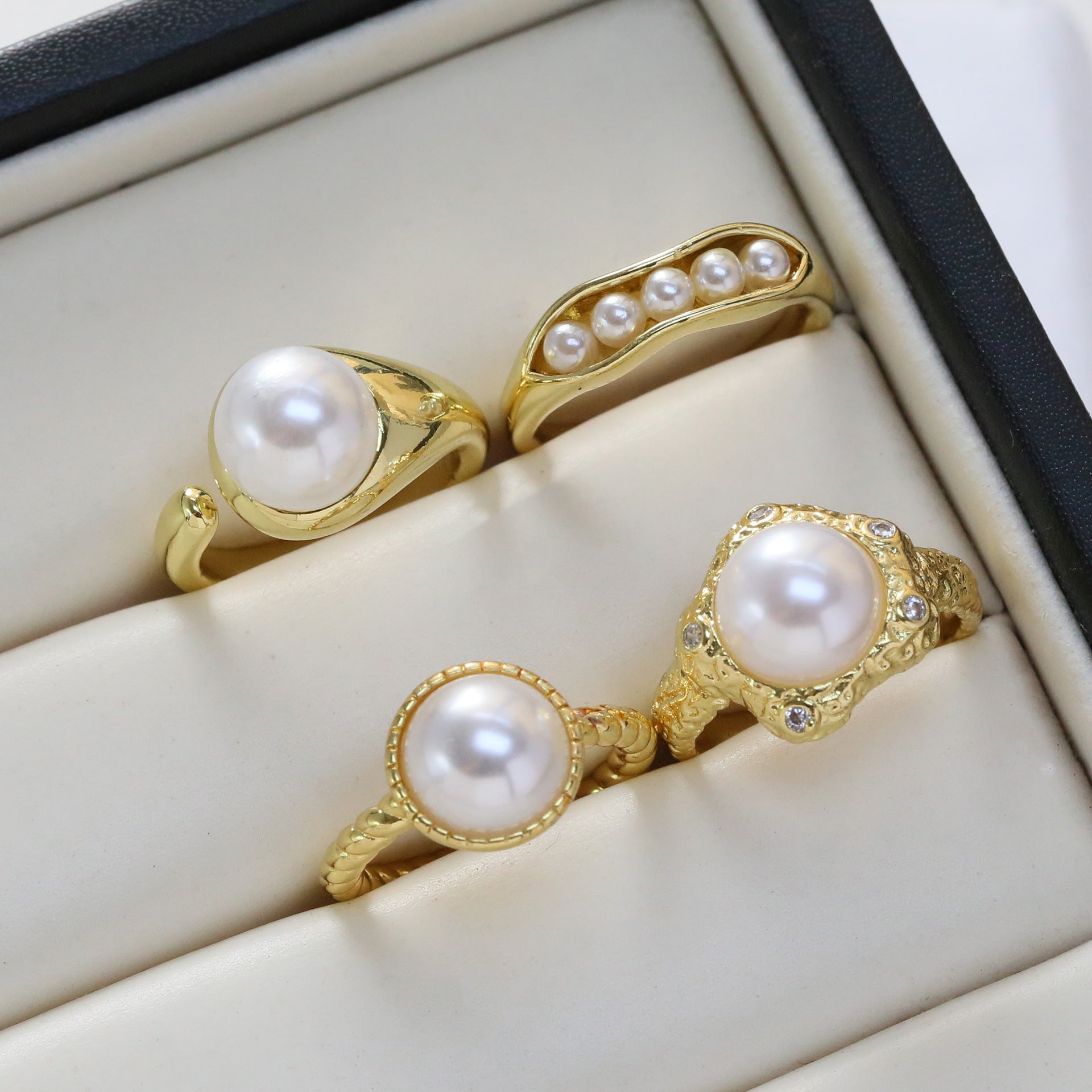 Wholesale European and American E-Commerce Hot-Selling Autumn New Round Pearl Love Geometric Fashion Women' s Open Light Luxury Ring