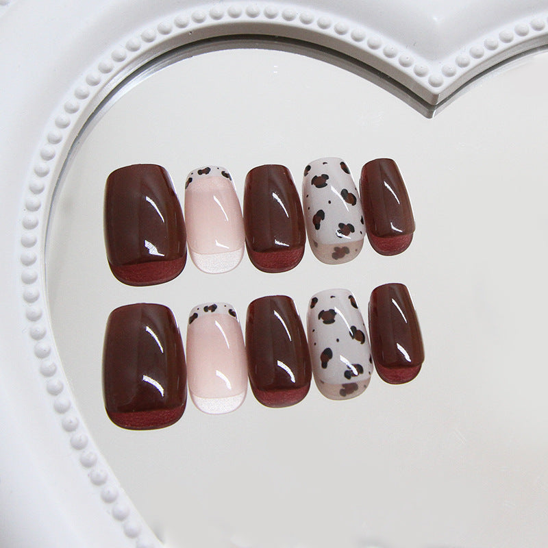 Wholesale 24 Pieces/box Cow Spot Burgundy Nails Kits Nail Stickers