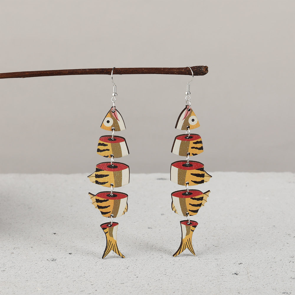Wholesale  wood earrings personalized fish-shaped multi-segment connection earrings
