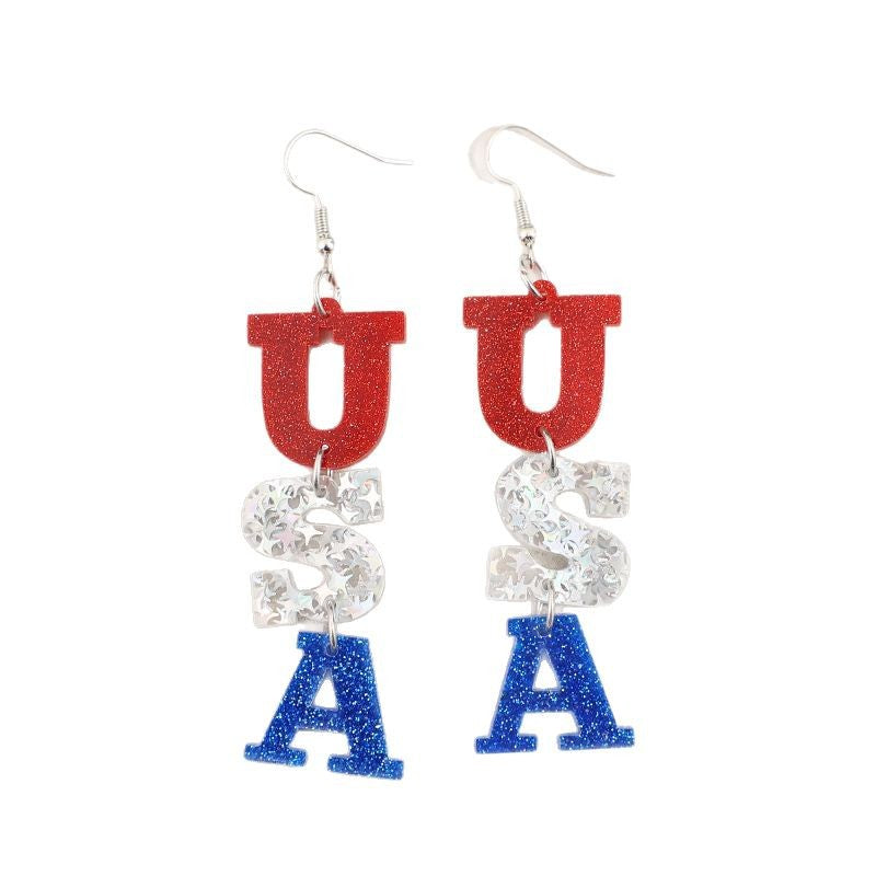 Wholesale  Independence Day Trendy Acrylic Usa Fine Glitter Letter Splicing Earrings