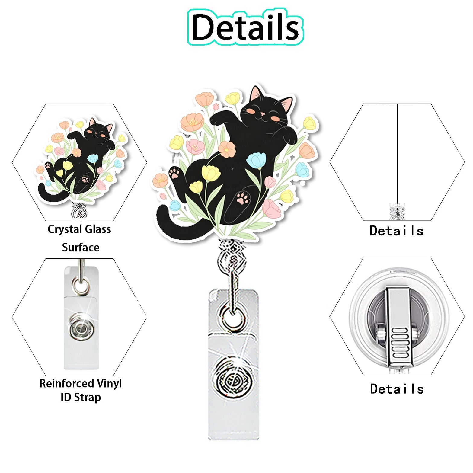 Wholesale Chic Acrylic Black Cat Flower Retractable Badge Reel for Nurse ID Card Holder