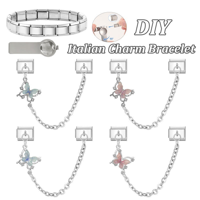 Wholesale 9mm Italian Charm Starter Bracelets DIY Butterfly Double Hanging Style Stainless Steel Composable Bracelet