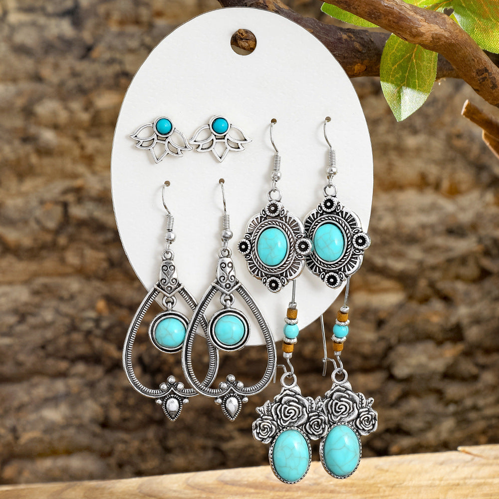 Wholesale Turquoise Tassel Earrings Set - Bohemian Ethnic Style