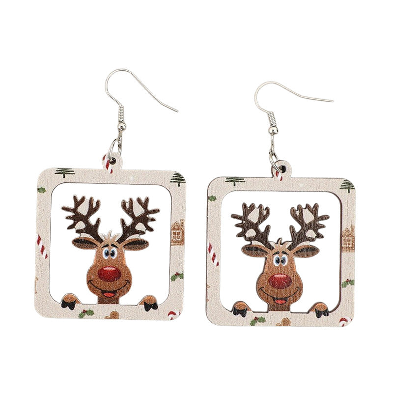 Wholesale Christmas Wooden Earrings Hollow Square Frame Santa Reindeer Print Party Jewelry Accessory