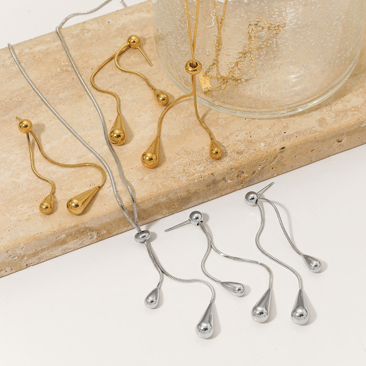 Wholesale  Stainless steel long water drop pendant necklace earrings suit