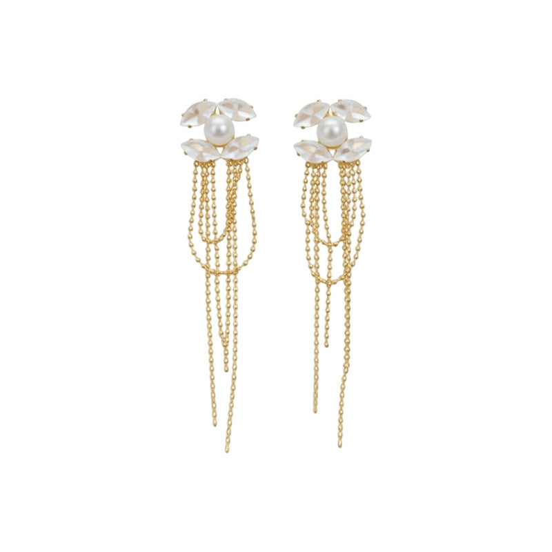 Wholesale Silver Needle Zircon Pearl Leaf Tassel Earrings for Party Wear Jewelry Accessory