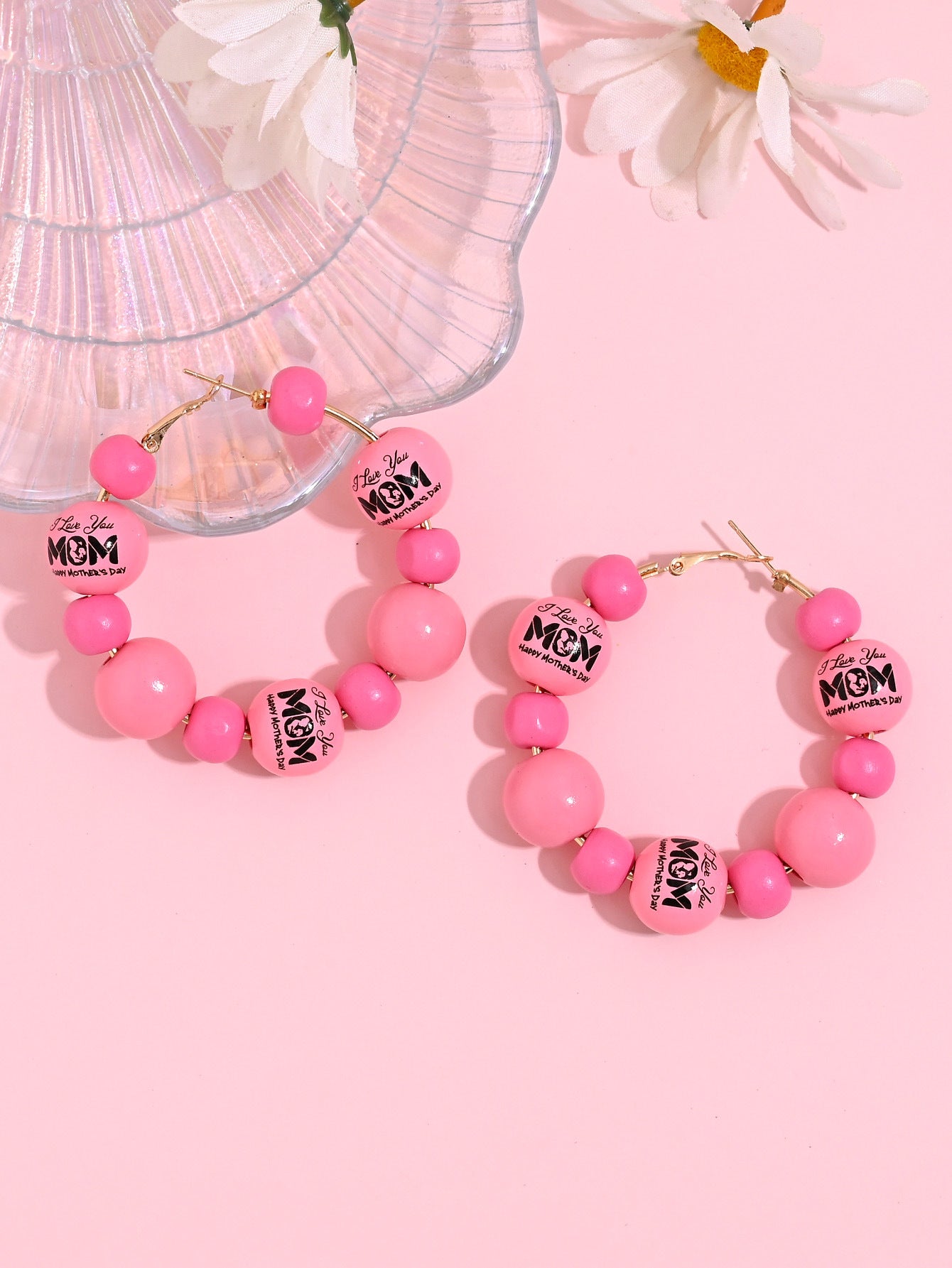 Wholesale  mother's day fashion creative mama letters love printed wooden beads earrings