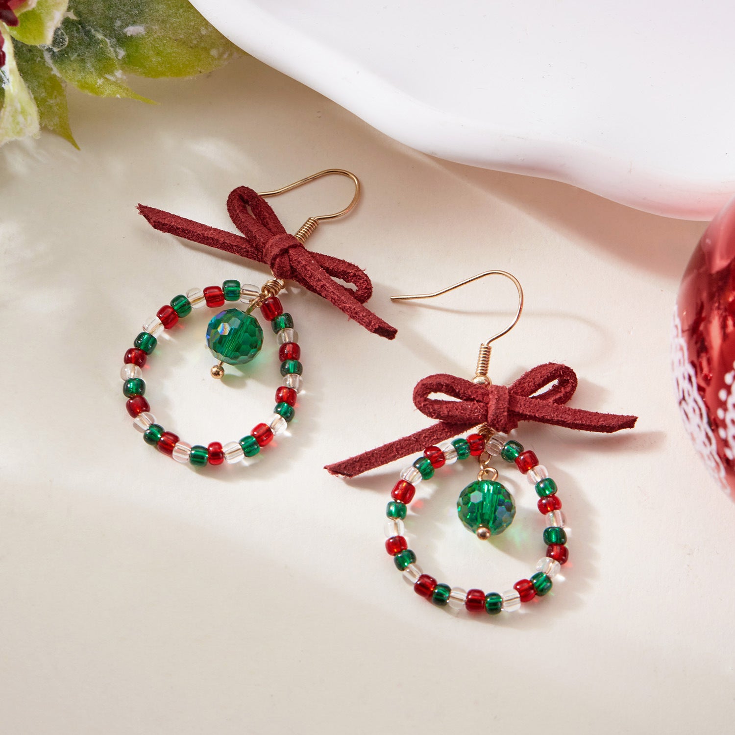 Wholesale New Year Colorful Christmas Wreath Bow Earrings