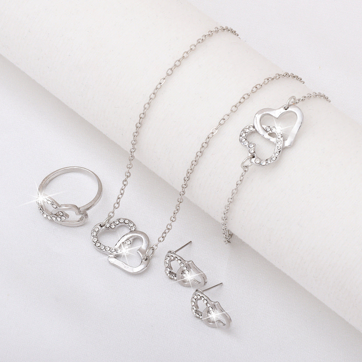 Wholesale Jewelry set  double heart necklace bracelet earrings bracelet pendant four-piece  accessories