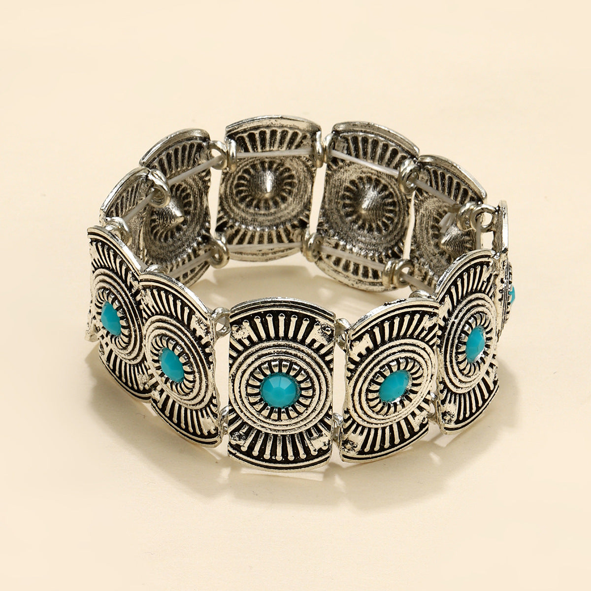 Wholesale Ethnic Style Retro Alloy Turquoise Elastic Bracelet Bohemian Bracelet ACC-BT-JunJie004