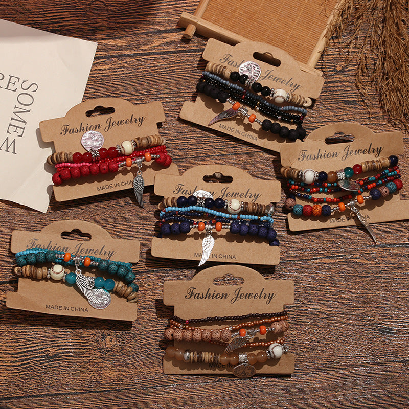 Wholesale Alloy Bohemian Multi-Layer Beaded Bracelet with Wing Design,  Fashion Accessory for Women,  Travel Gift