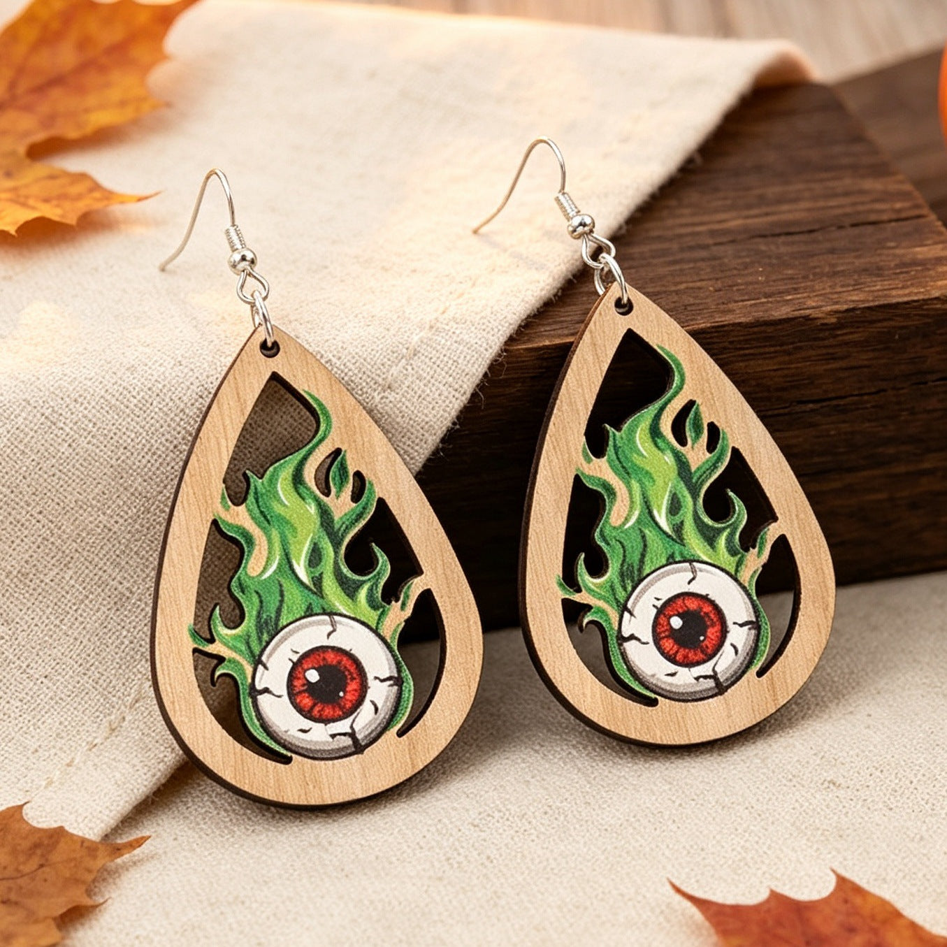 Wholesale  Teardrop Ghost Eye Wooden Earrings Green Flame Print Dangle Jewelry Chic Gift For Boutique Resale