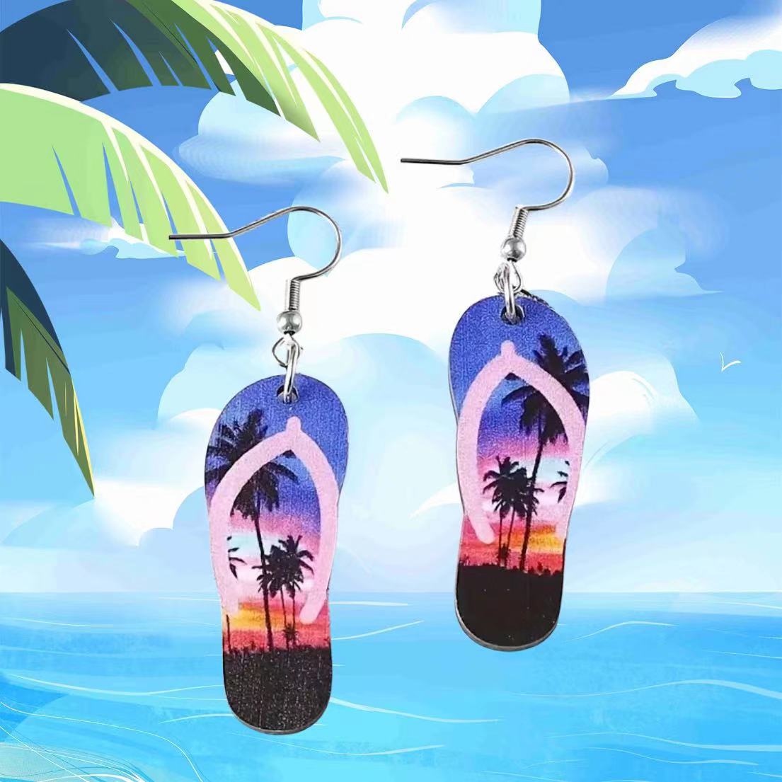 Wholesale Summer Beach Waves Coconut Tree Sunset Slippers Wood Earrings ACC-ES-AnDao029