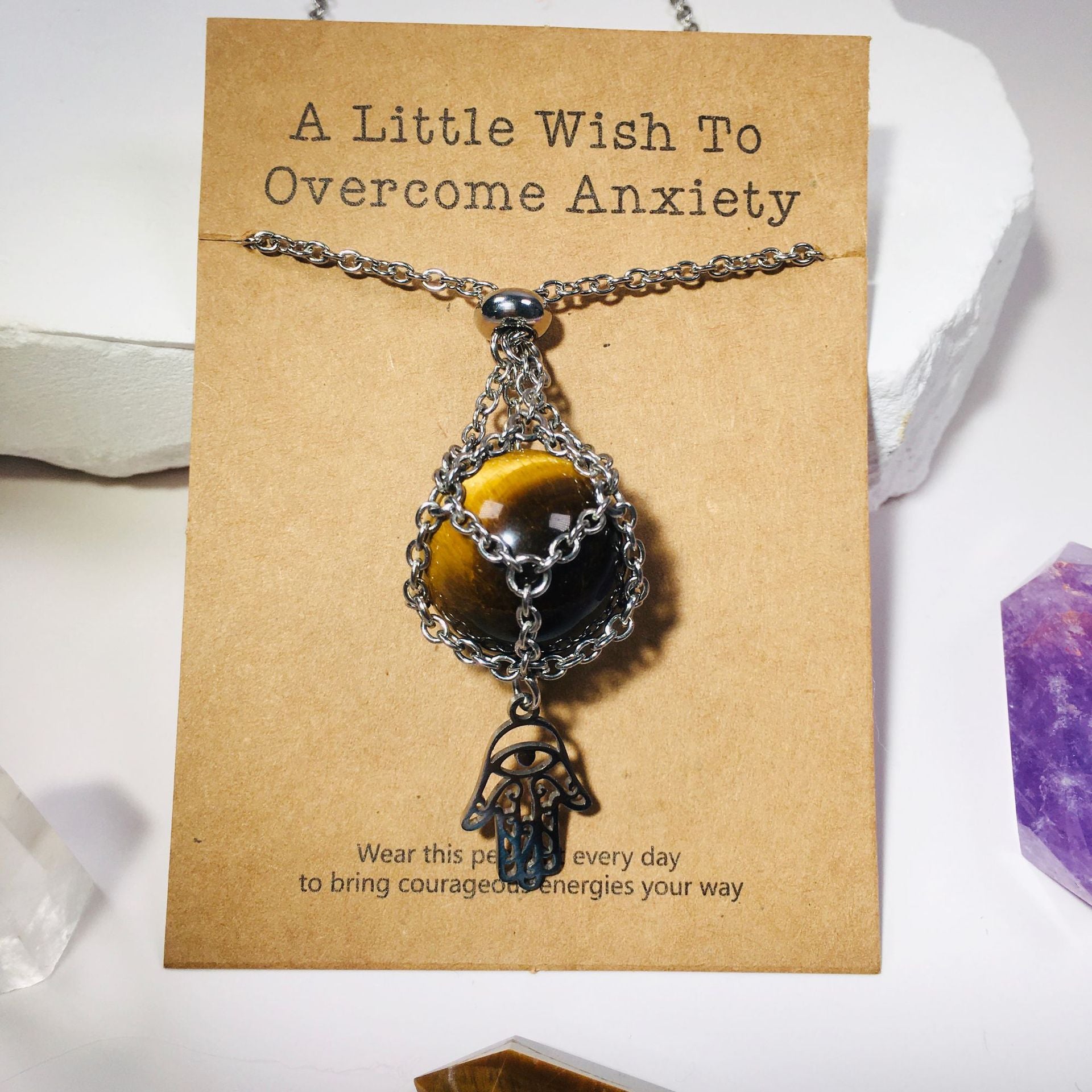 Wholesale Fatima Palm Replaceable Crystal Natural Stone Adjustable Metal Mesh Pocket Necklace ACC-NE-RongGuan004