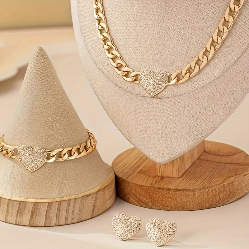 Wholesale Trendy Gold Heart Cuban Chain Jewelry Set Fashion Earrings Necklace Bracelet Set For Women Everyday Jewelry Accessory Gift