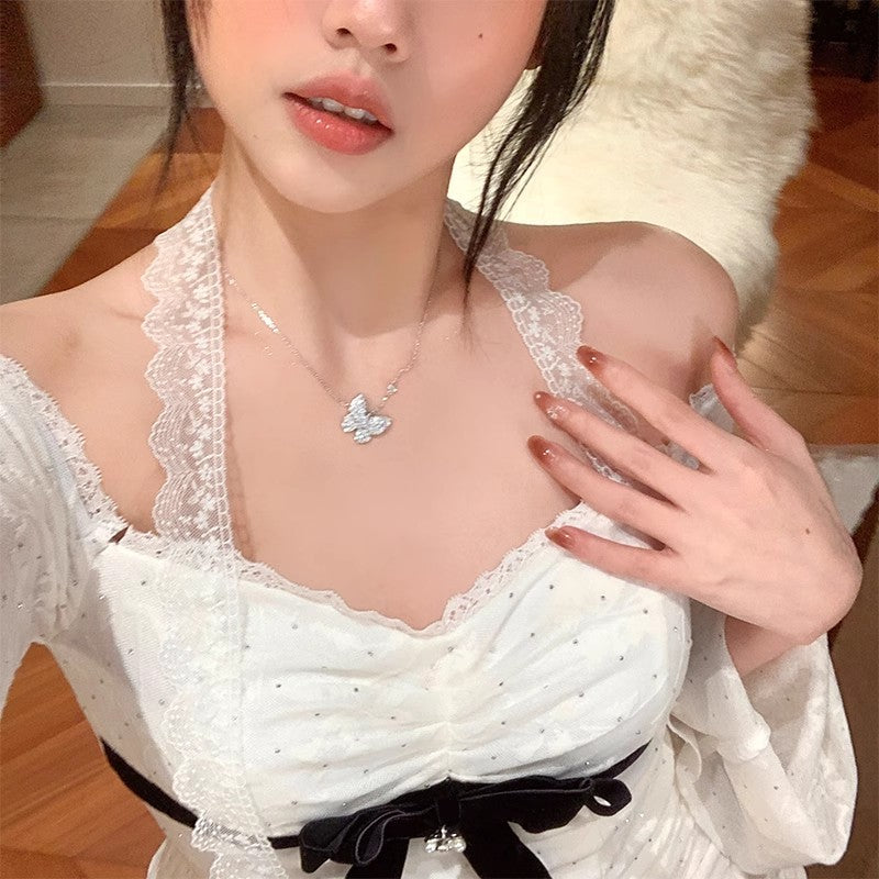 Wholesale  Titanium Steel luxury niche flash full zirconium butterfly pendant necklace